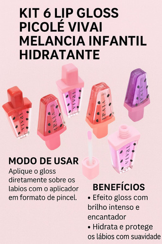 Kit 6 Lip Gloss Labial Atacado Vivai Melancia Brilho