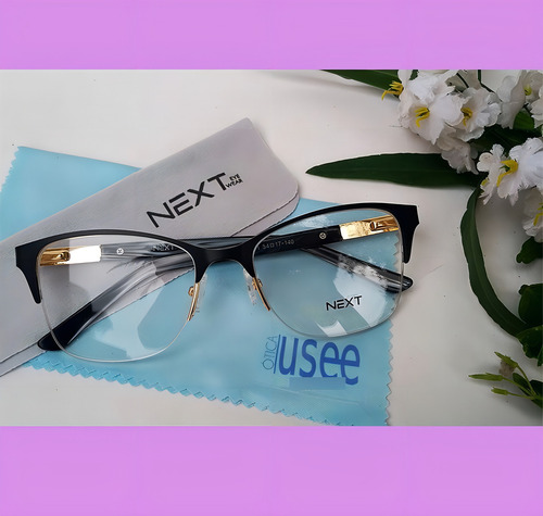 Armação Óculos Para Grau Next 81214 Feminino Gatinho Metal Cor Preto