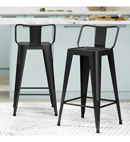 Set 2 Bancos Alto Respaldo Estructura Metálica Cocina Barra Color Negro