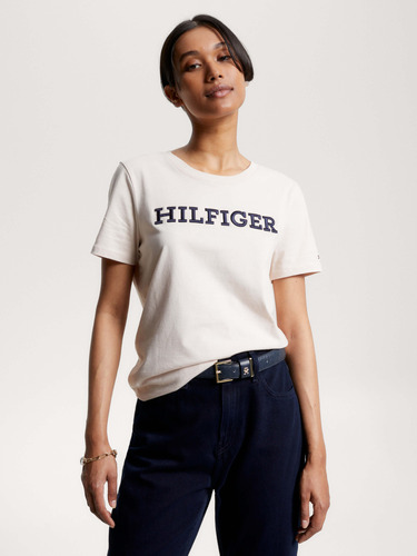 Playera Con Logo Bordado De Mujer Beige Tommy Hilfiger