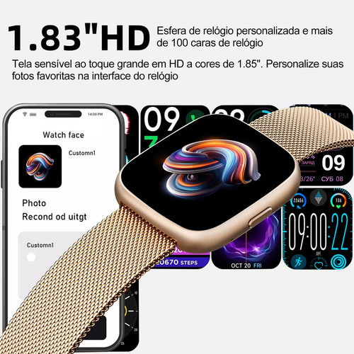 Relógio inteligente Mertto Smartwatch Alexa Bluetooth Call 1,83 polegadas Idw26 pulseira de malha magnética cor dourada Ip68