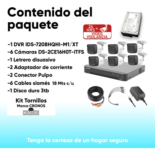 HIKVISION Kit 6 Cámaras de videovigilancia Exterior HIK5MPSLQ-KIT(B)6CCC3 Con Accesorios y HDD 3tb Micrófono incorporado Alta Calidad Circuito Cerrado CCTV HIK5MPSLQKITB Facil Instalación