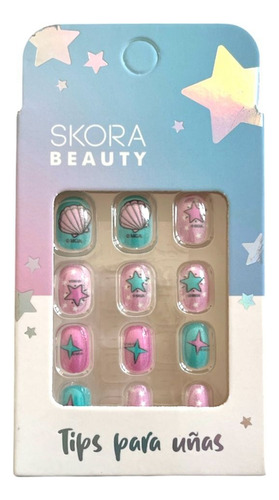 Skora Beauty Set Uñas Postizas Para Niñas 38958 Color Almejas Con Estrellas Rosas