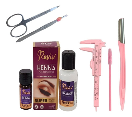 Kit Sobrancelha Henna Raviv Profissional Pinça Paquimetro Cor Castanho Médio