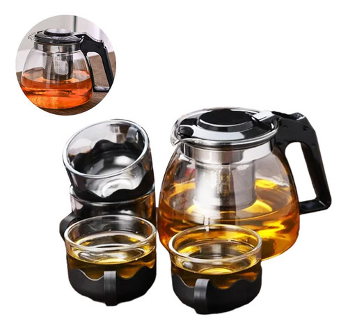 Tetera De Vidrio Con Filtro + 4 Tazas Juego De Té 