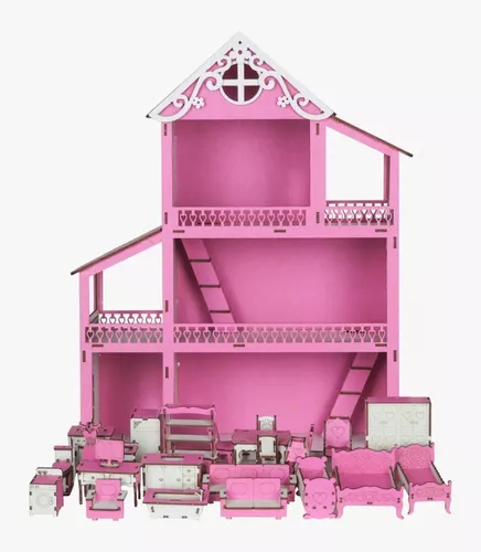 Avelart - Casa da barbie pintada + 35 mini móveis mdf cru