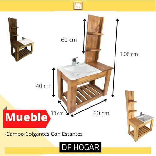 Imagen 2 de 9 de Vanitory Rustico Colgante De 60cm + Bacha Blanca Y Espejo