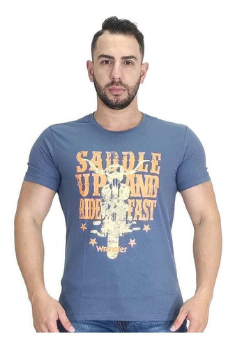 Camiseta Masculina Wrangler Azul Urbano Estampada