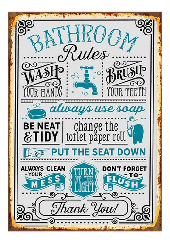 1 Cartel Metalico  Las Reglas Del Baño  Decoratvo 40x28 Cms