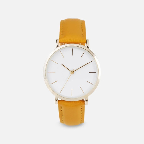 Reloj Para Dama Amarillo Bizou Borde Dorado Esfera Blanca Color de la correa Ocre Color del fondo Blanco