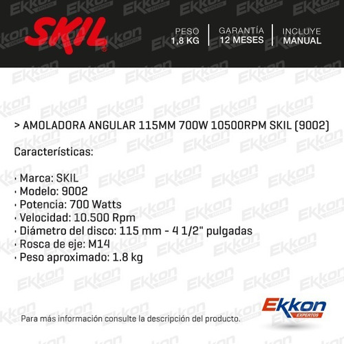 Imagen 2 de 8 de Amoladora Angular 115 Mm 700 W 10.500 Rpm 9002 Skil