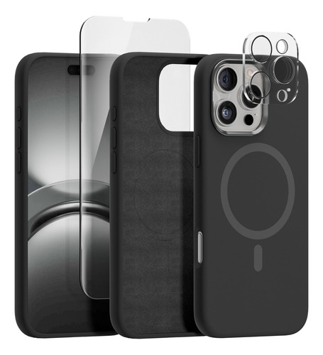 Kit Funda Para Iphone Magsafe + Mica Pantalla + Mica Camara Negro Iphone 16