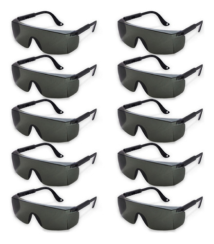 Kit 10 Óculos De Segurança Epi Tipo Rj Lente Cinza Evolution Policarbonato Com Proteção Lateral E Hastes Com Regulagem Valeplast