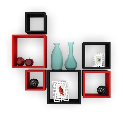 Nicho Decorativo Mdf Kit 6 Unidades - Cor Vermelho E Preto