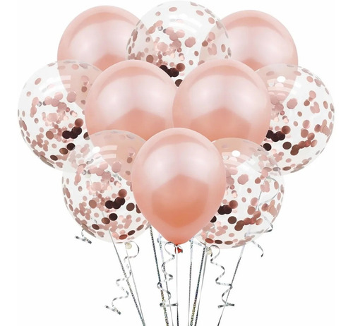 Imagen 1 de 3 de Set Globos Latex + Transparente Cristal Confetti Rosa Gold