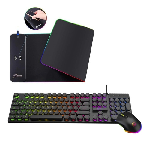 Combo Xinua Gamer Rgb Kit Teclado Mouse + Mousepad Carga Qi