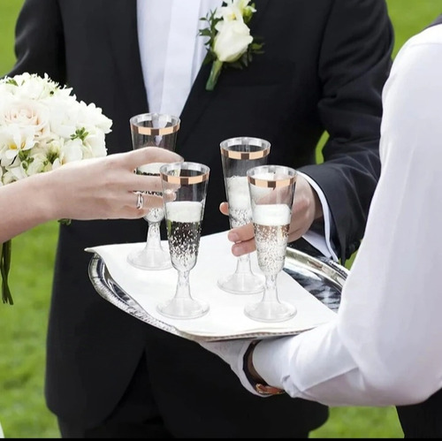 6 Copas De Plástico Reutilizables Para Champagne Filo Dorado