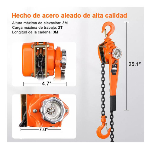 Polipasto De Palanca Para 2t 3 Metros Mango Con Gom Naranja