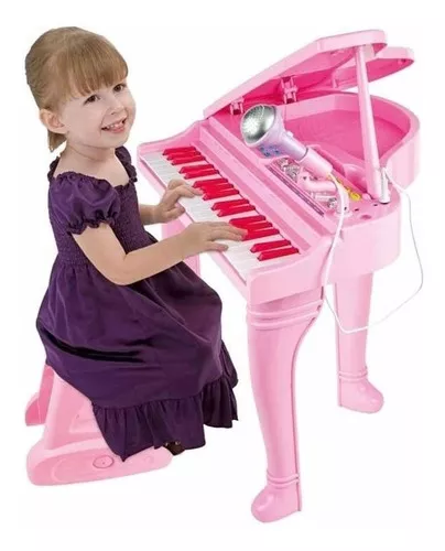 Piano De Cauda Teclado Infantil Com Microfone Gravador Banquinho Preto ou  Rosa Winfun Yes Toys