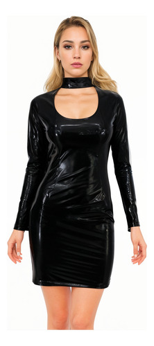 Sexy Vestido De Charol Ajustado Cuero Tipo Latex Pu Gotico