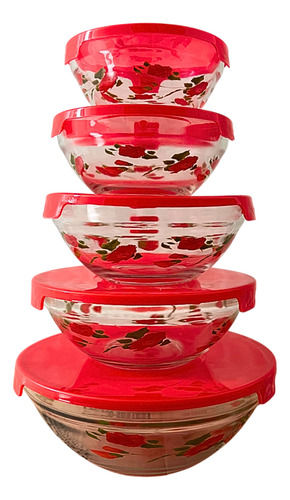 Set De 5 Bowls Hermeticos Vidrio Con Tapa Tupper Contenedor Rojo