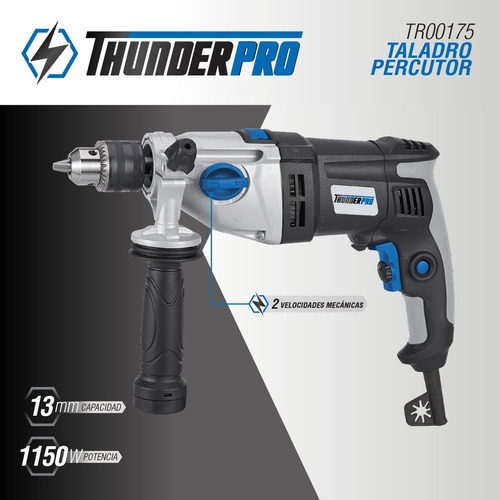 Imagen 5 de 6 de Taladro Percutor 13mm 1150w 2 Vel Mec Thunderpro Tr00175