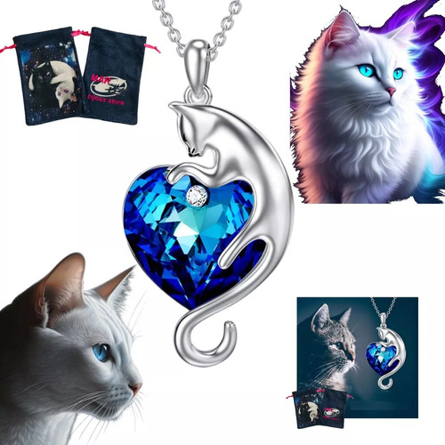 Colar Coração De Cristal Azul Gato Always Cat +bag Gatos