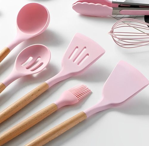 Juego Utensilios De Cocina 11 P C/ Soporte Madera Y Silicona Rosa
