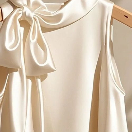 Camisa De Satén Champán Para Mujer, Color Liso, Cuello Alto