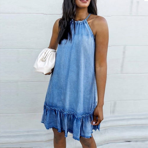 Vestido De Verano Con Cuello Halter De Mezclilla