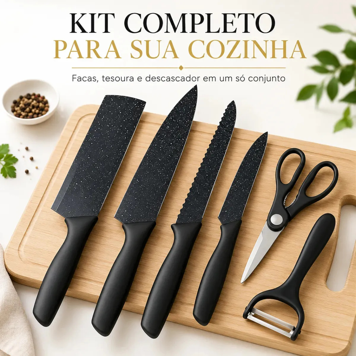 Kit Facas 6 Peças Conjunto Preto Para Cozinha Churrasco Faqueiro Aço Presente Techseller