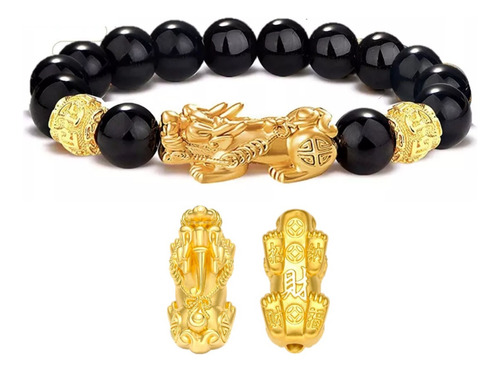 Pulseira Feng Shui Obsidiana 10mm Preta Fosca Pixiu Ouro 18k