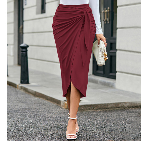 Falda Midi Arrugada Con Abertura Lateral Para Mujer