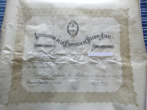 Diplo5- Diploma Electo Camara Diputados, Prov. Bs. As. 1937