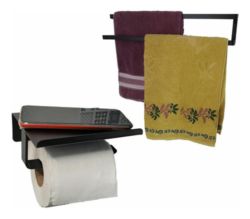 Kit Porta Toalhas Duplo E Porta Papel Higiênico Preto Fosco