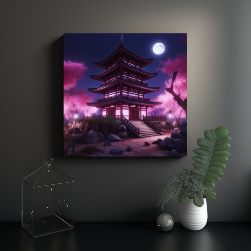 70x70cm Cuadro Japonés Paisaje Templo Bastidor Madera