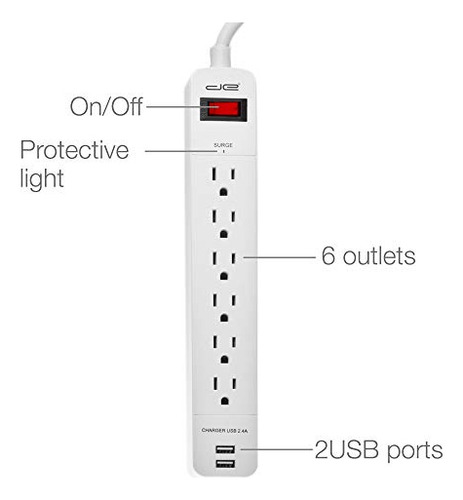 Regleta De Enchufes Con 6 Tomas De Corriente + 2 Puertos Usb