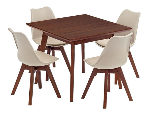 Mesa Jantar Quadrada Vértice 90cm Nozes + 4 Cadeiras Leda Cor Nude