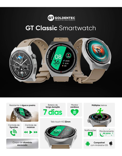 Relógio Smartwatch Touch 1,28 Ip67 Gt Classic Bege Goldentec