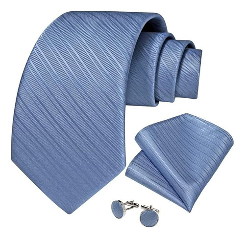 Hi, Set Corbata Pañuelo Mancuernillas Seda Rayas Azul Cielo