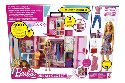 Conjunto Grande Armário Closet Dos Sonhos Boneca Menina Barbie 02 Andares - Acompanha Roupas E Acessórios - Inclui Looks Enfermeira Salva Vidas Espelho Corpo Inteiro E Lavanderia - Mattel Brinquedos