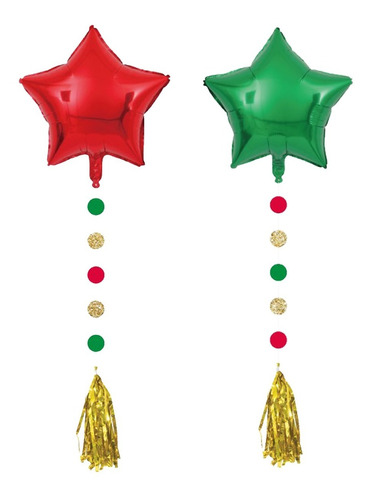 Globos Metalizados Estrellas Roja Y Verde 56cm C/borlas X 2u