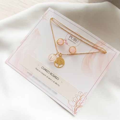 Imagen 1 de 2 de Conjunto Cadena Más Aretes Cuarzo Rosado