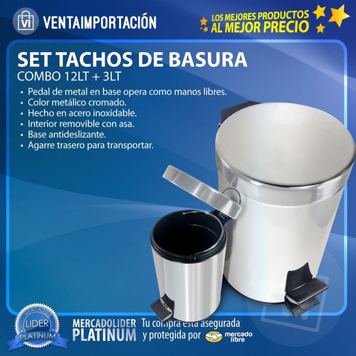 Imagen 2 de 5 de Cestos Tacho De Basura X 2 Unidades De 12l Y De 3l Combo Set