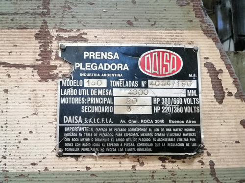 Plegadora De Chapa Daisa De 4 Metros X 150 Tn Con Matriz (Usado)