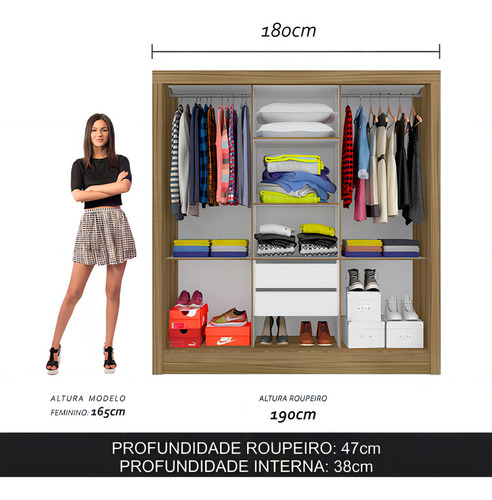 Roupeiro 3 Portas Casal Com 3 Espelhos Aurora Bore/bran - Ma Cor Boreal/branco