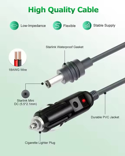 Cable Adaptador Para Starlink Mini 12v Auto Encendedor Gris 3 Metros