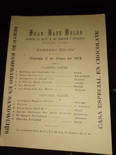 Gran Cafe Colon Programa 1913 Sexteto Entrada D Gladiadores