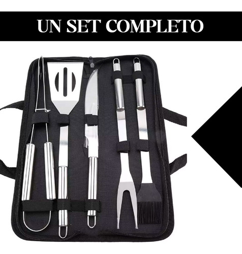 Set X 5 Utensillos Acero Inoxidable Con Estuche Asado