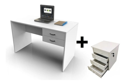 Combo Mesa Escritorio Pc Moderno Blanco Cajonera Oficina 